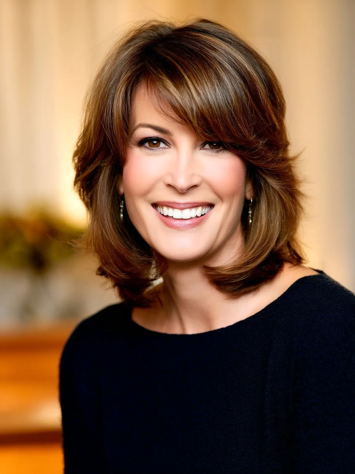 Voluminous Chin-Length Layered Bob with Side-Swept Bangs